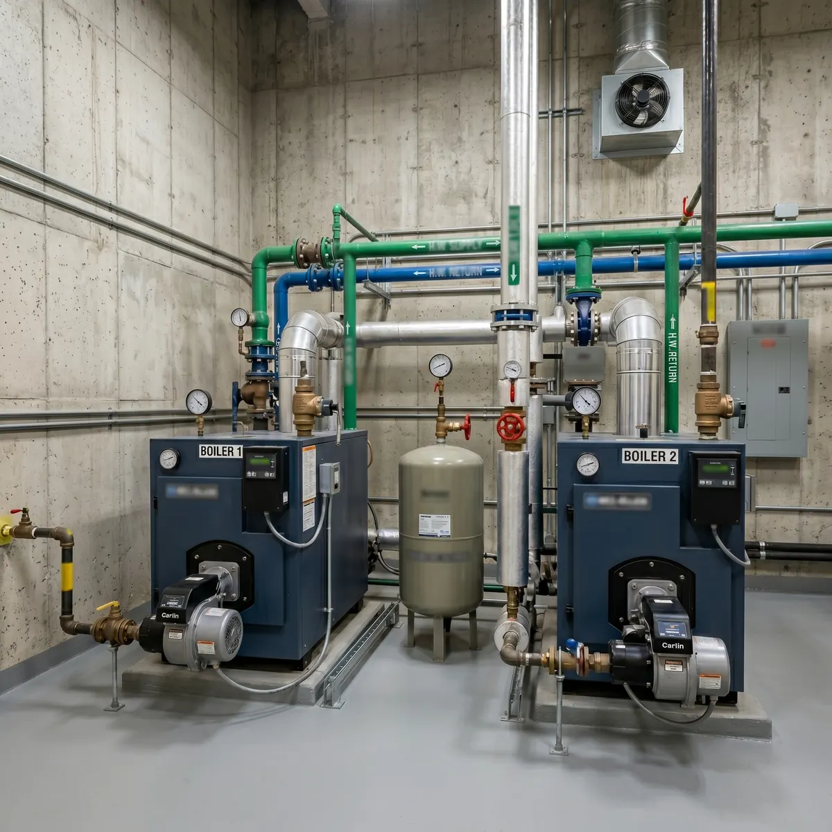 Commercial boiler room with dual boilers and hot water piping