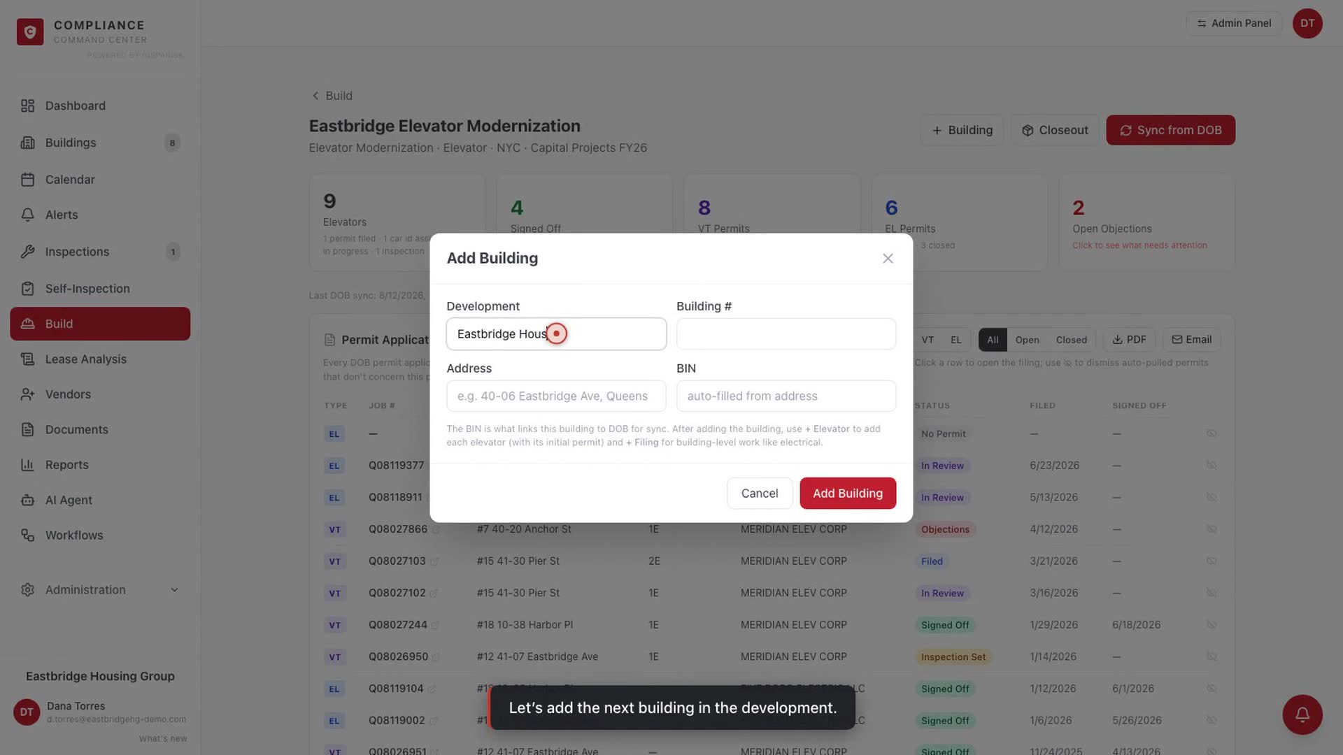 Adding a building with verified BIN lookup