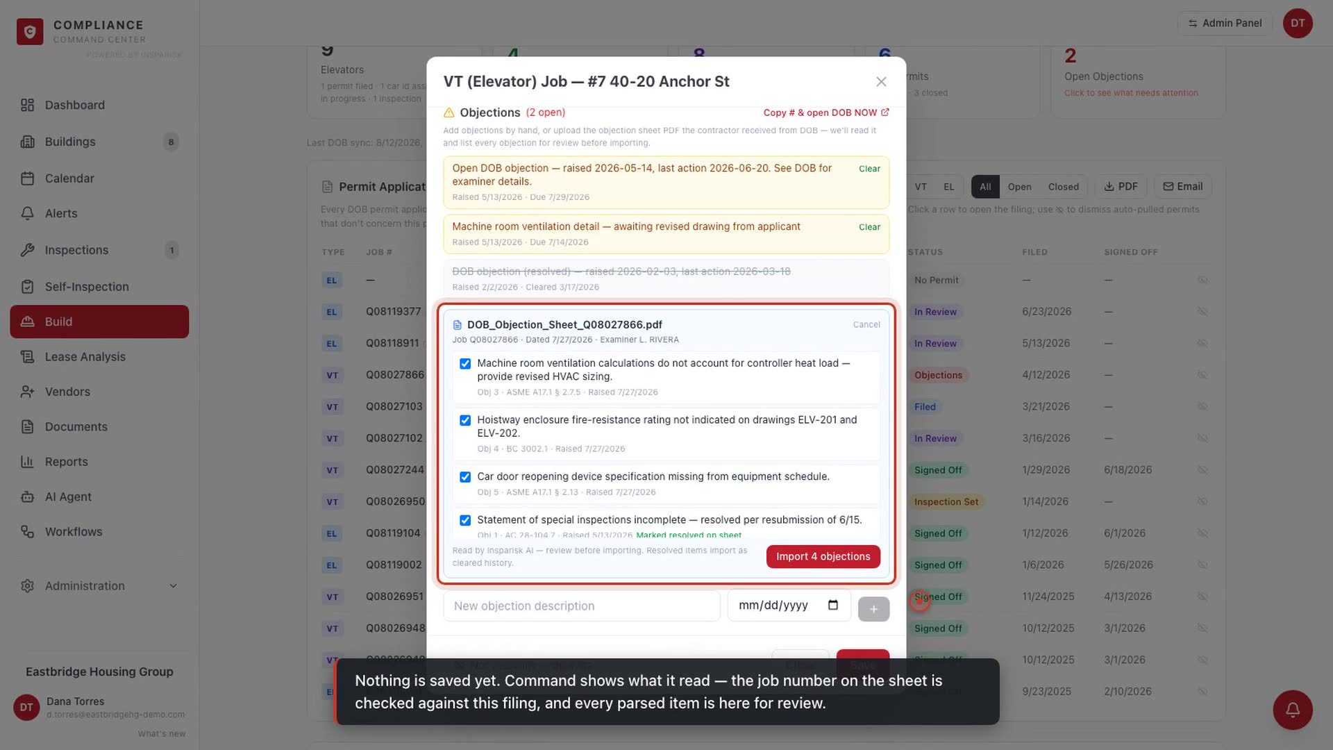 Objection sheet upload and AI interpretation