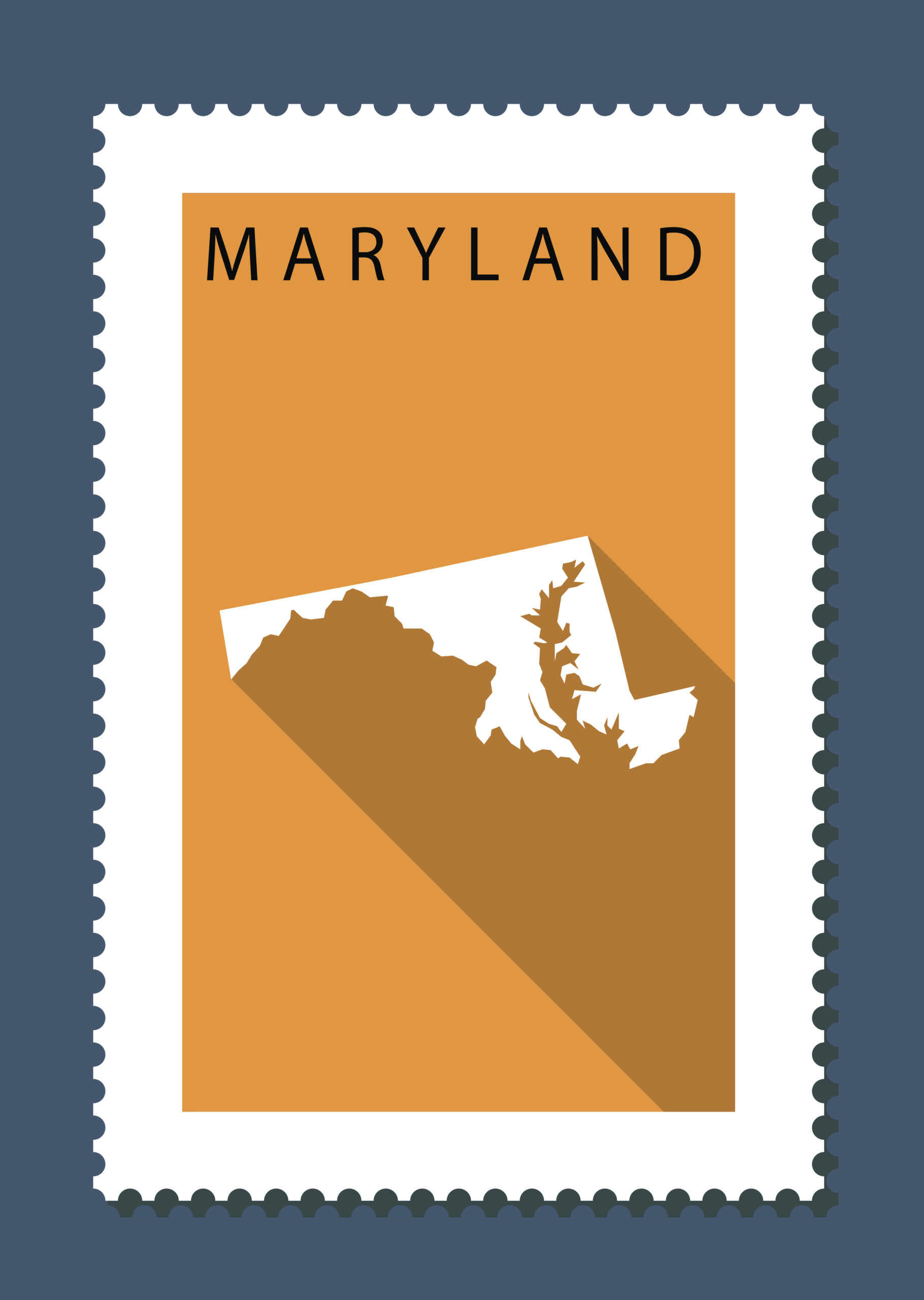 Maryland Map on Orange Background, Long Shadow, Flat Design,stamp